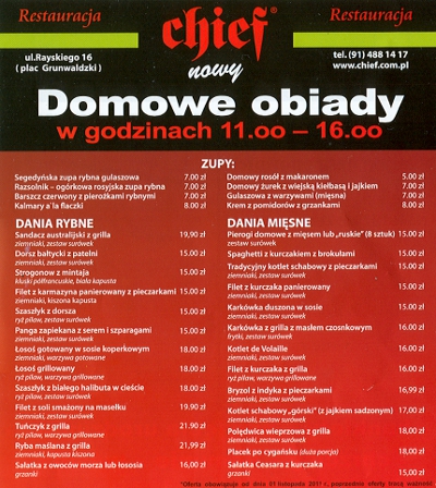 in Farbe eingescannt: Ausschnitt aus der Tageskarte des Fisch-Restaurants "Chief nowy" in Szczecin - Stettin.