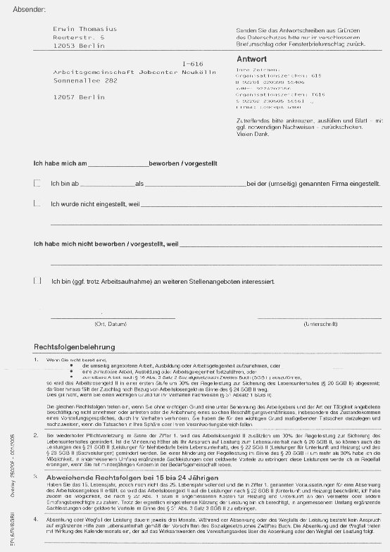 Brief der Arbeitsgemeinschaft Neukölln an einen Arbeitslosengeld 2 Empfänger. Berlin 2005.